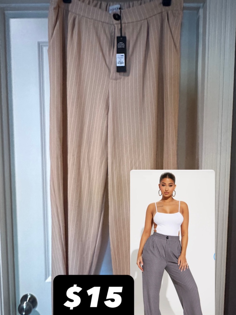 Beige Pinstripe Wide-Leg Pants
